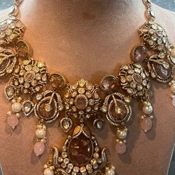 Kundan Polki Choker Necklace Set: Indian Bridal Jewelry with Pearl Drops - Picture 4 of 16